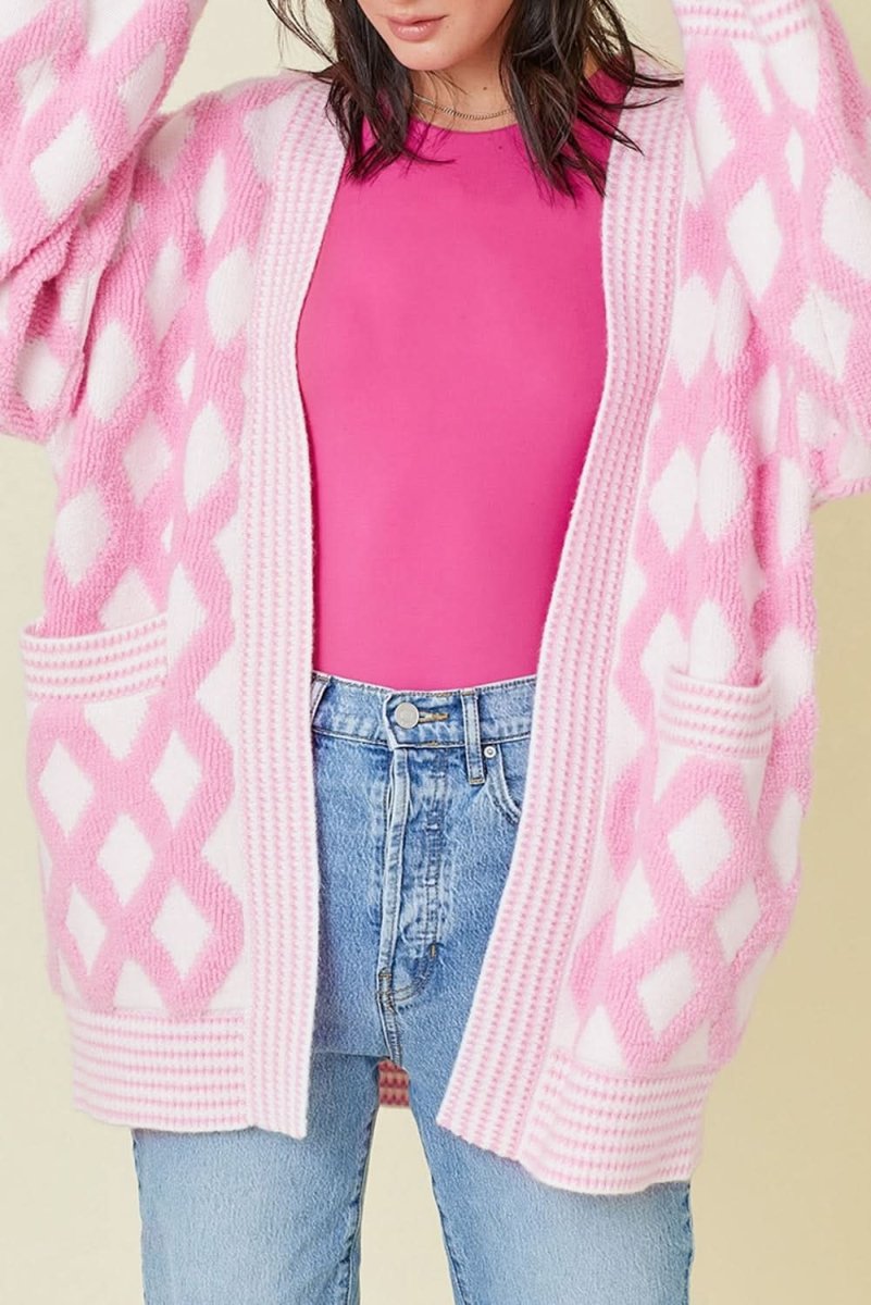 Pink Rhombus Pattern Knit Open Front Pocketed Cardigans - Love Salve